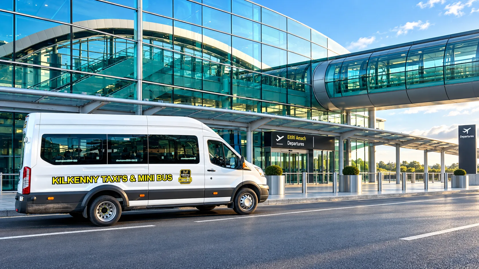 Minibus dropping passengers at the airport departures terminal