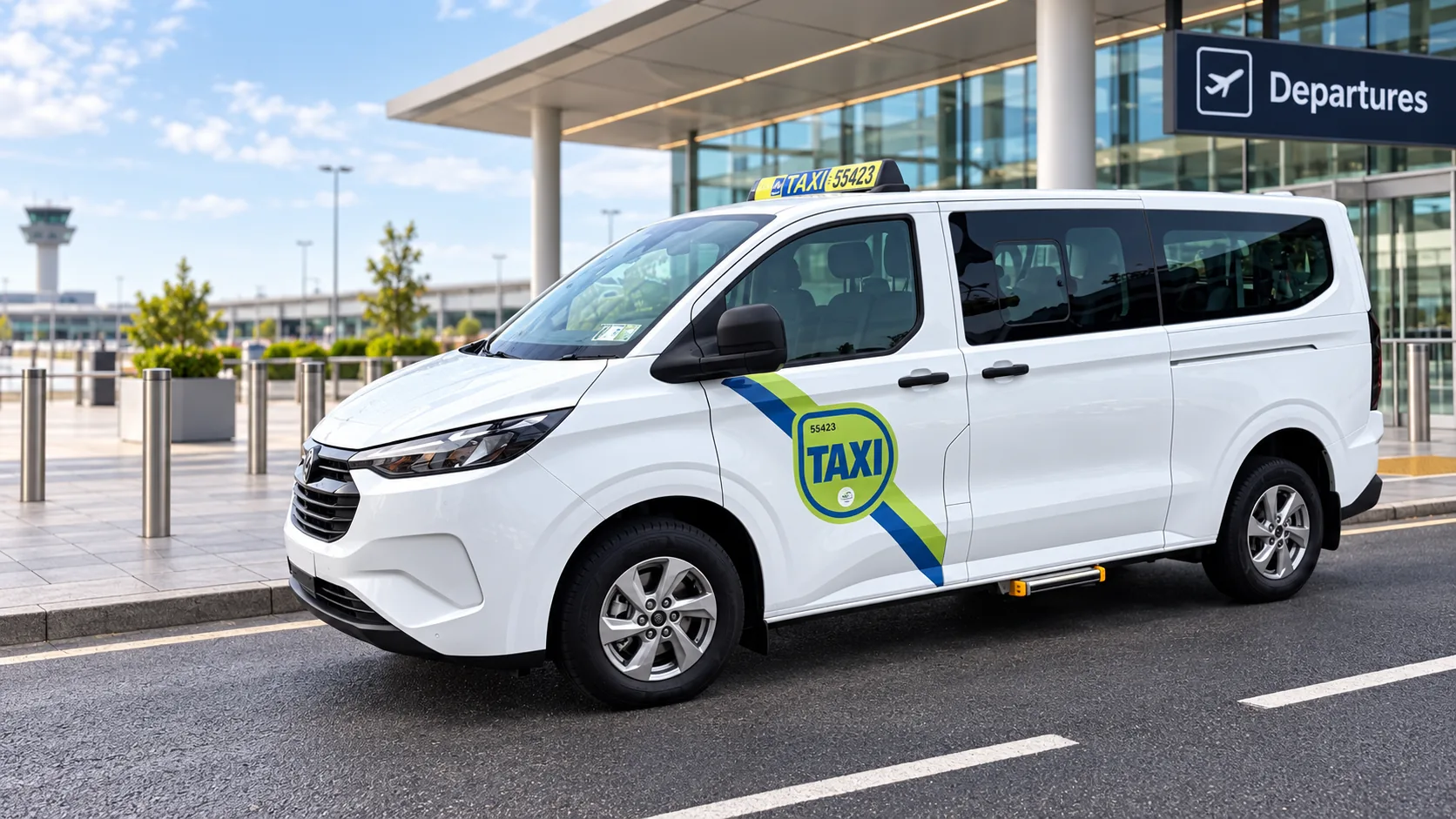 Eight-seat passenger van collecting a group outside Dublin Airport arrivals